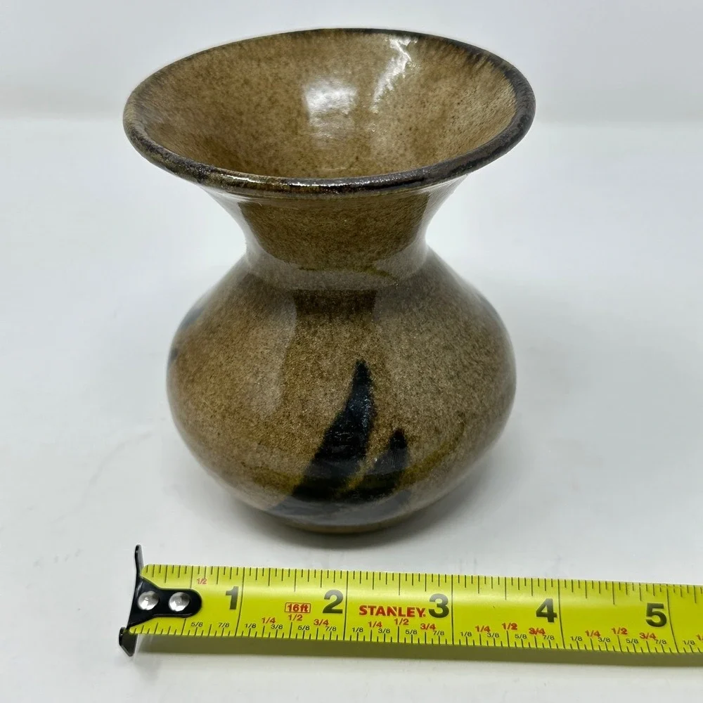 Vintage Kenya Studio Pottery Bud Vase Brown Speckled Glaze Abstract Design 4.5